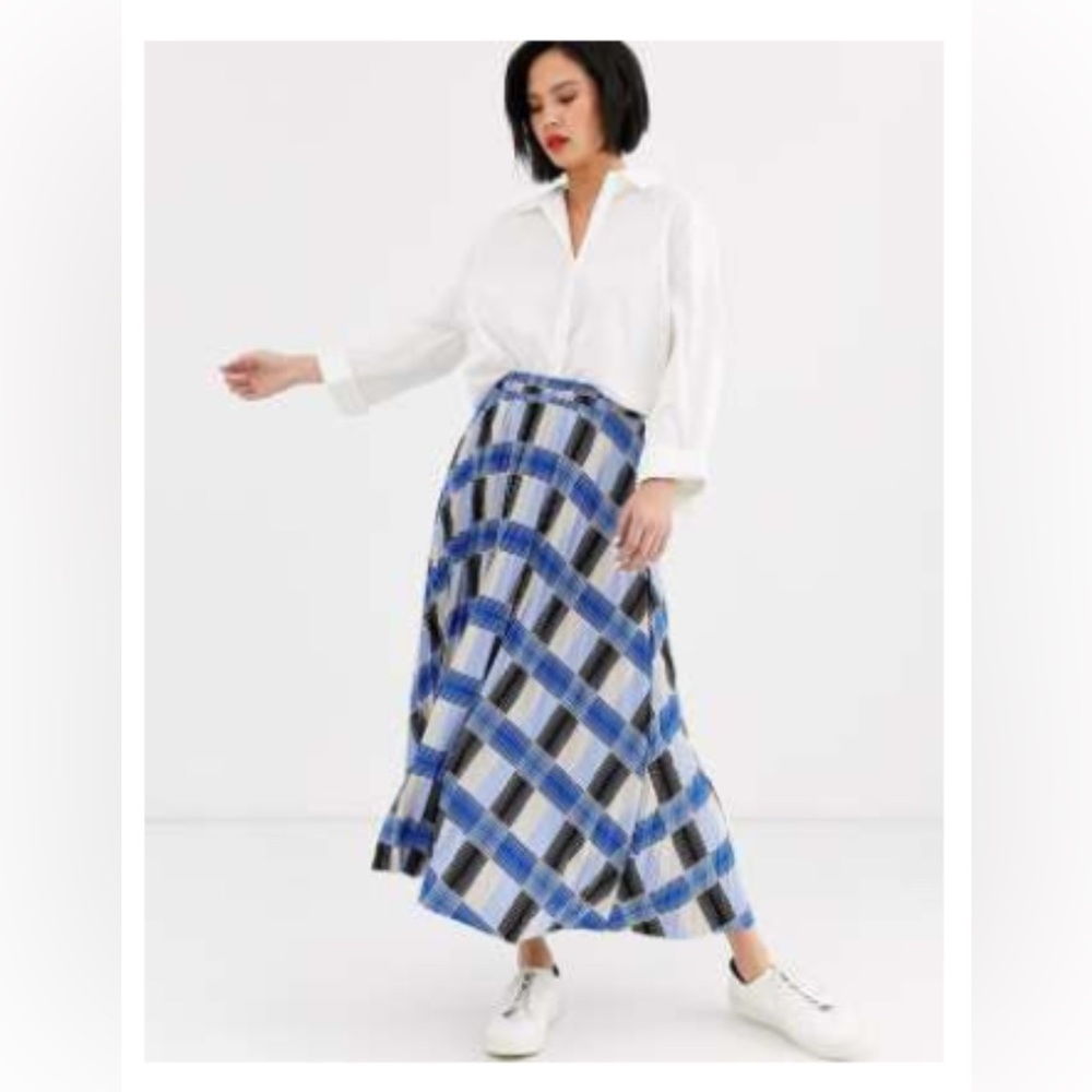 Pleated Check Maxi Skirt
